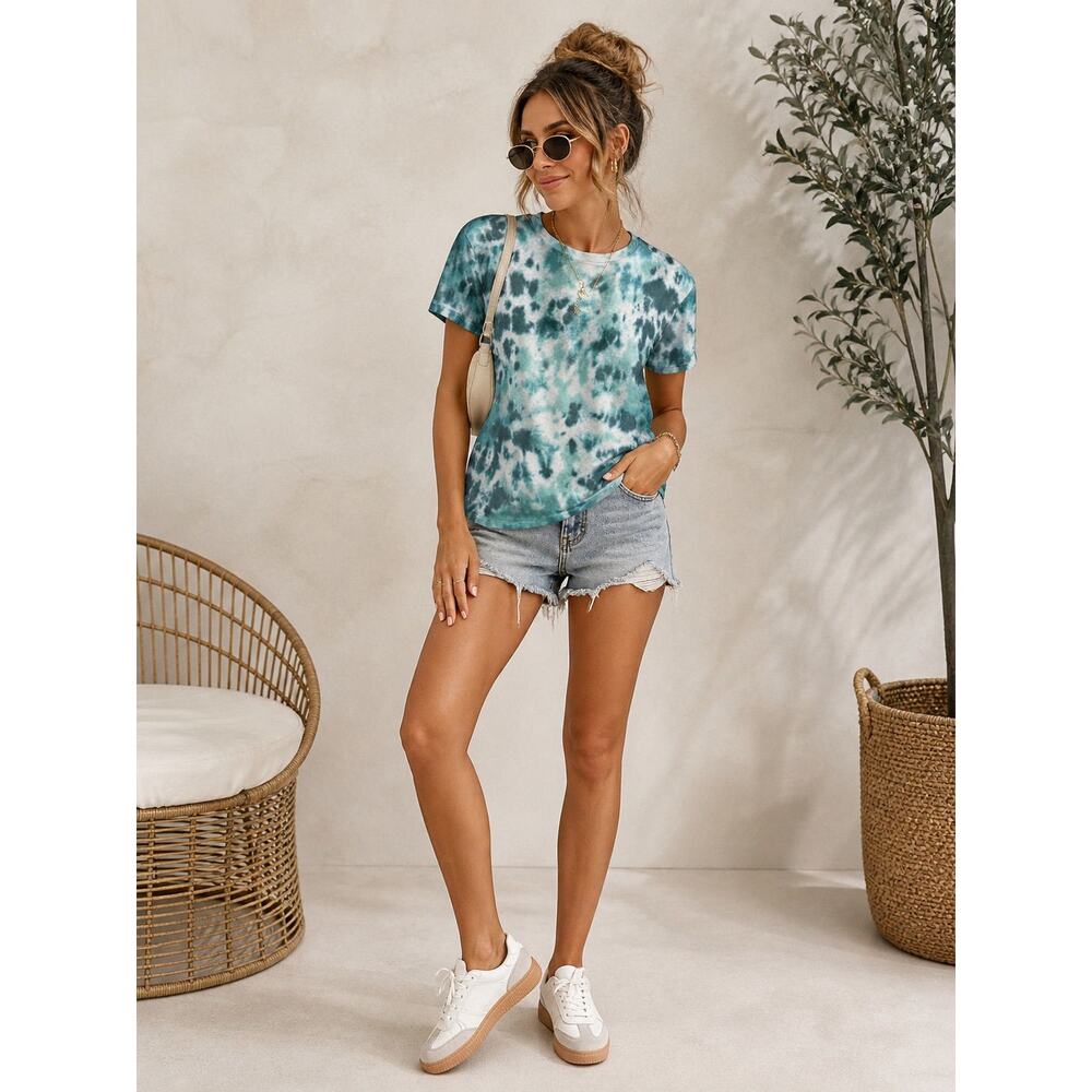 Mother Superior Tie Dye Tee Women's Blue Green Relaxed Fit Stretchy Boxy Top - S
